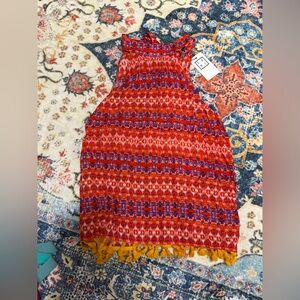 219 NWT THML Moroccan Red and Blue Patterned Top with Yellow Fringe Size Medium